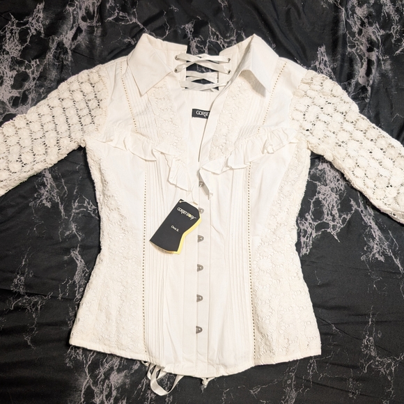 Corset Story Tops - White Lace-Up Ruffled Women's Top